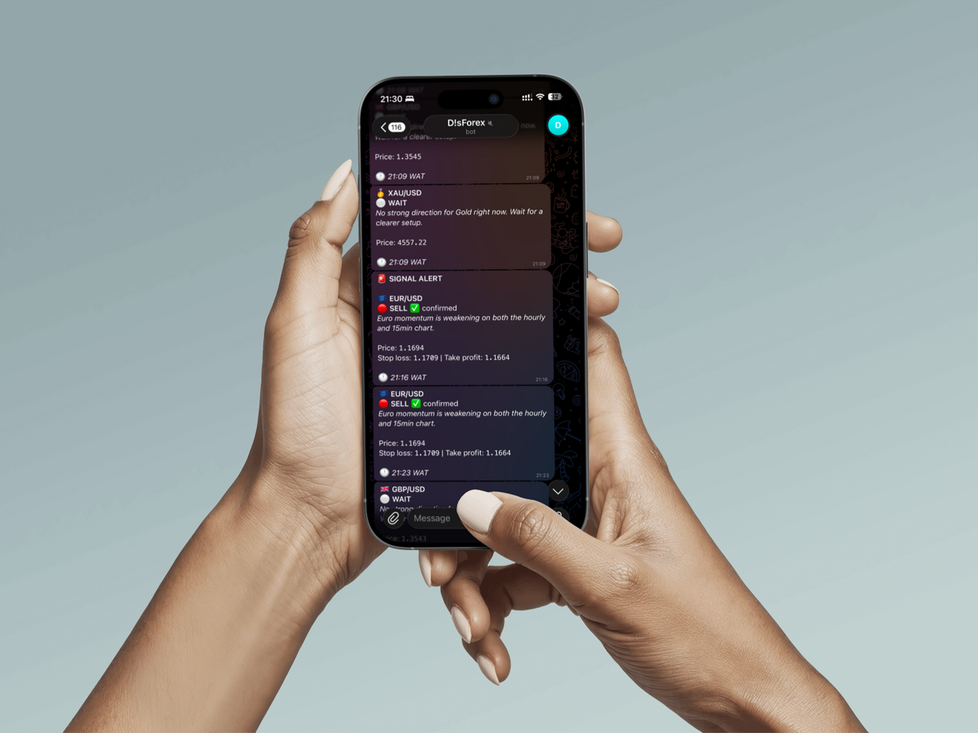 Forex Bot. An automated forex trading bot running entirely within Telegram. No UI design, purely logic-driven execution, real-time trade signals, and risk management through a command-based interface.