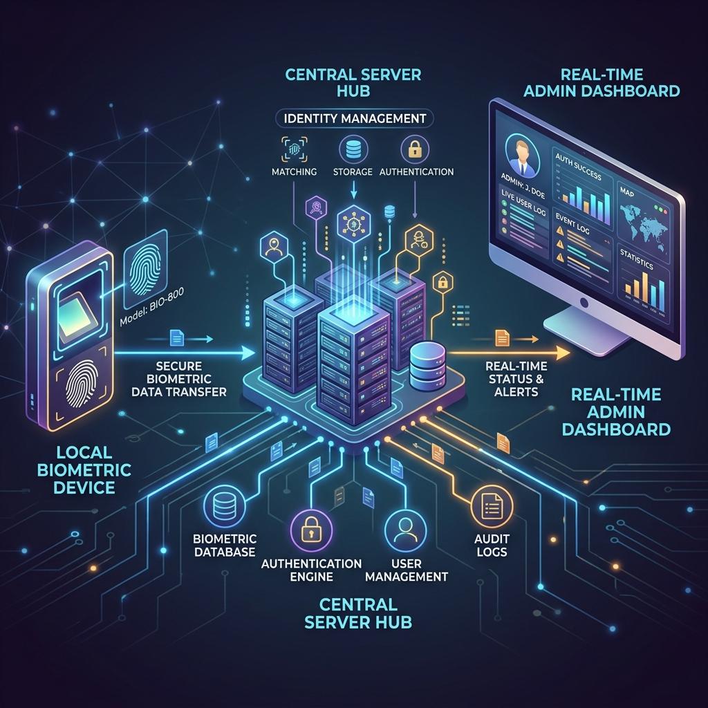 Full-stack architecture diagram showing React frontend, Node.js API, fingerprint scanner integration, and database layer