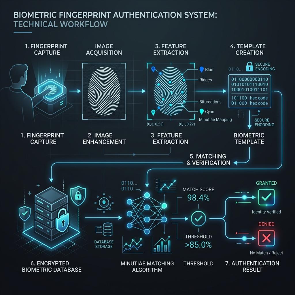 Biometric authentication workflow diagram showing fingerprint capture, hash encoding, and database matching process