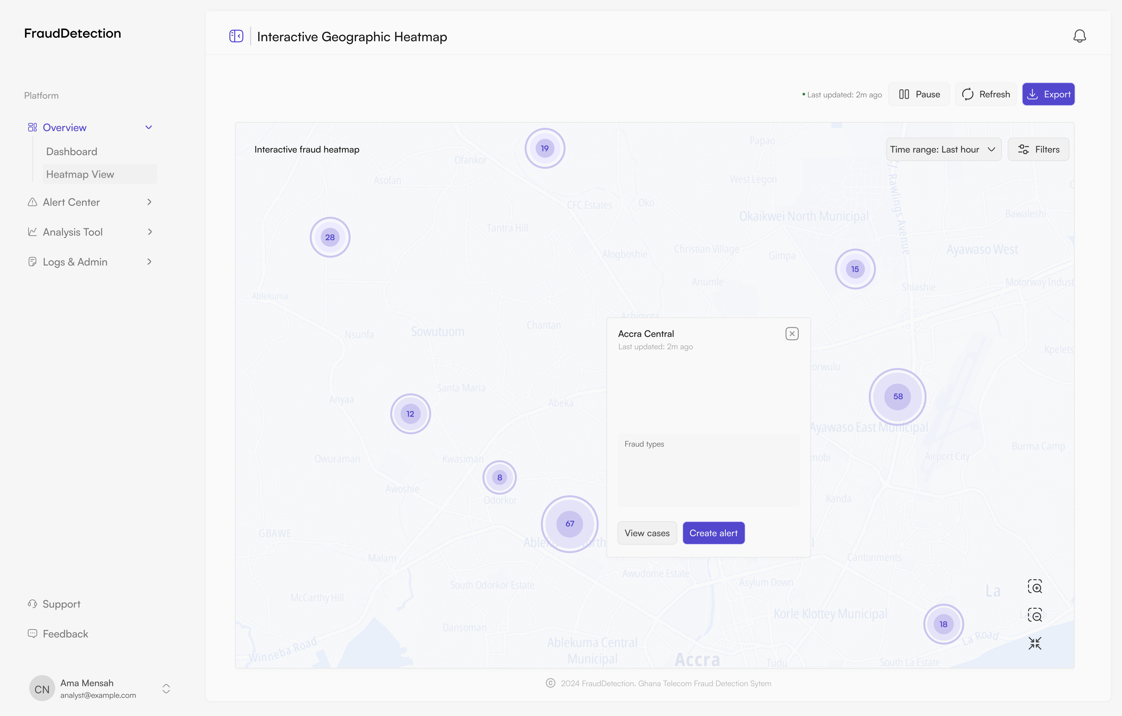 Fraud Portal. Geographic heatmap: fraud clusters across Accra, down to the neighborhood.