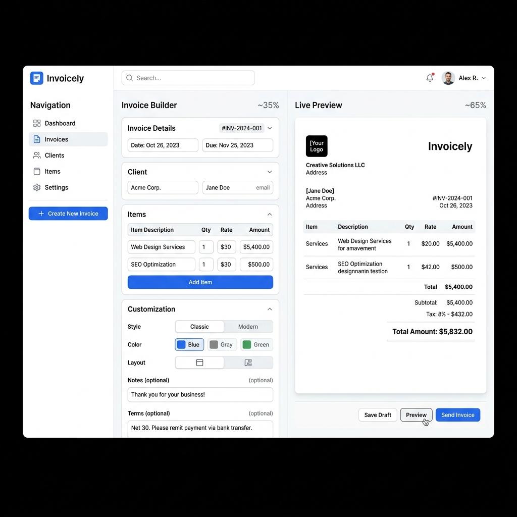 Invoice Builder. — Focused invoice generation tool — every feature had to earn its place. Designed around the actual workflow.