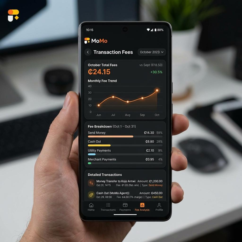 Transaction detail view showing MoMo fee breakdown and categorization
