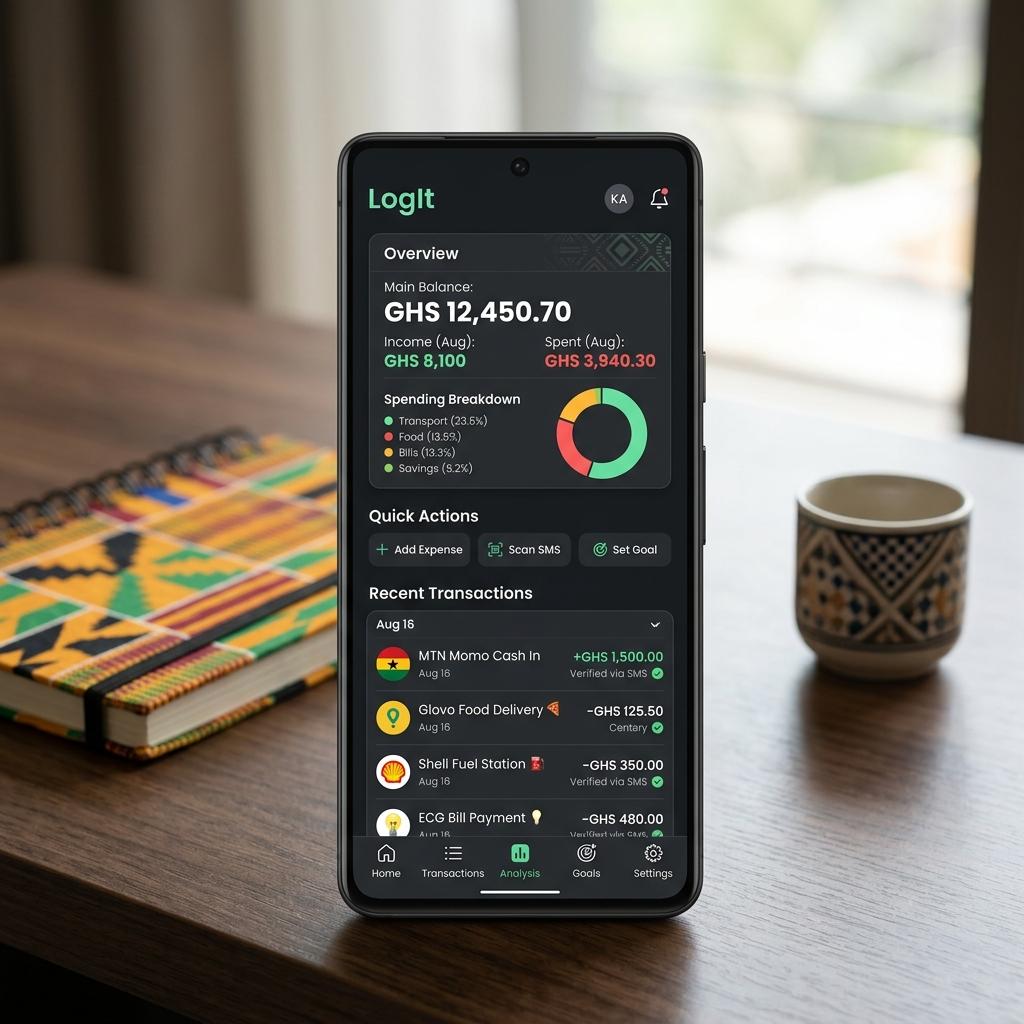 LogIt. — Personal finance tracker that automatically parses MoMo SMS messages. No manual logging. Built for Ghanaian users on mobile money.