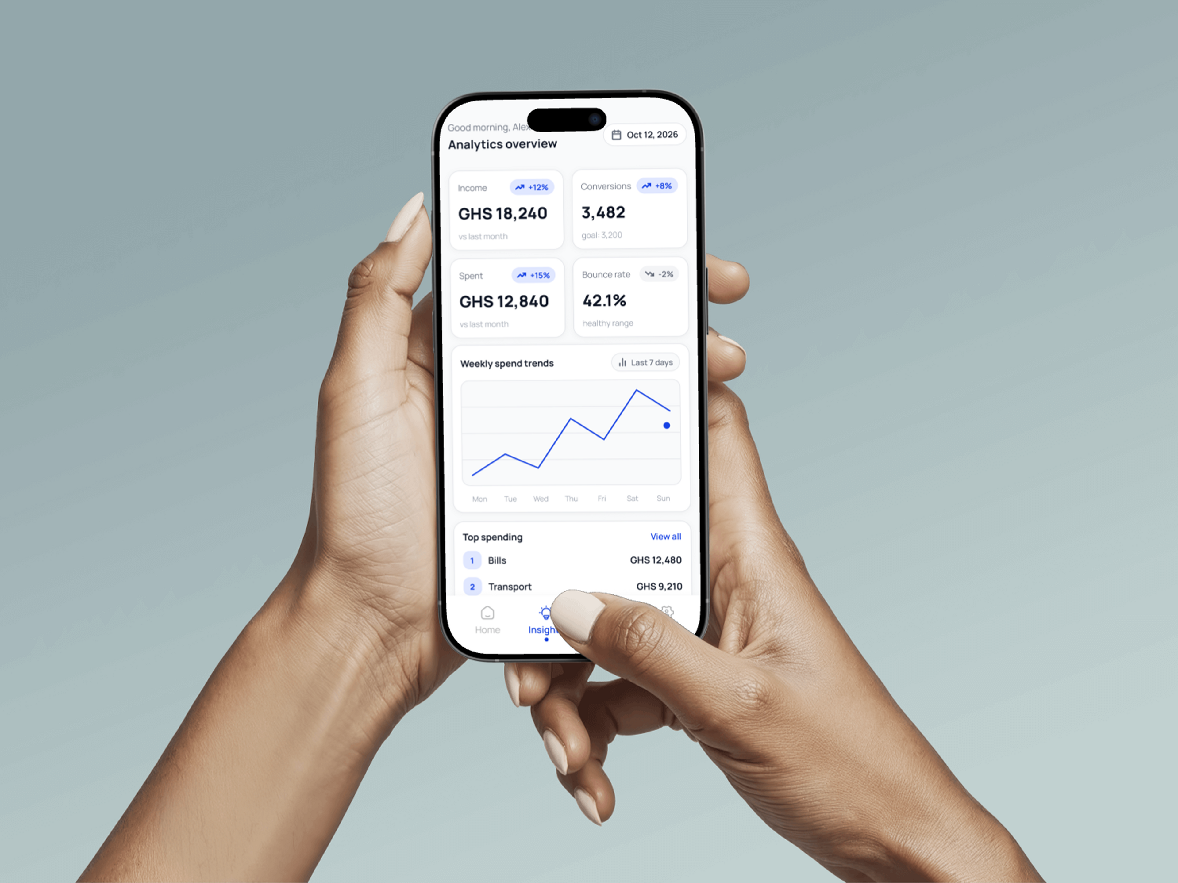 LogIt analytics dashboard in hand, showing income, spend, weekly trends, and top spending categories