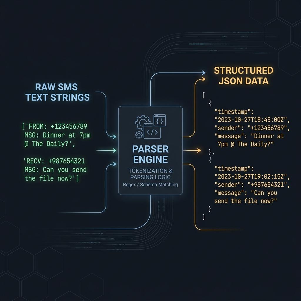 System architecture diagram showing iOS Shortcuts automation pipeline from SMS to LogIt app