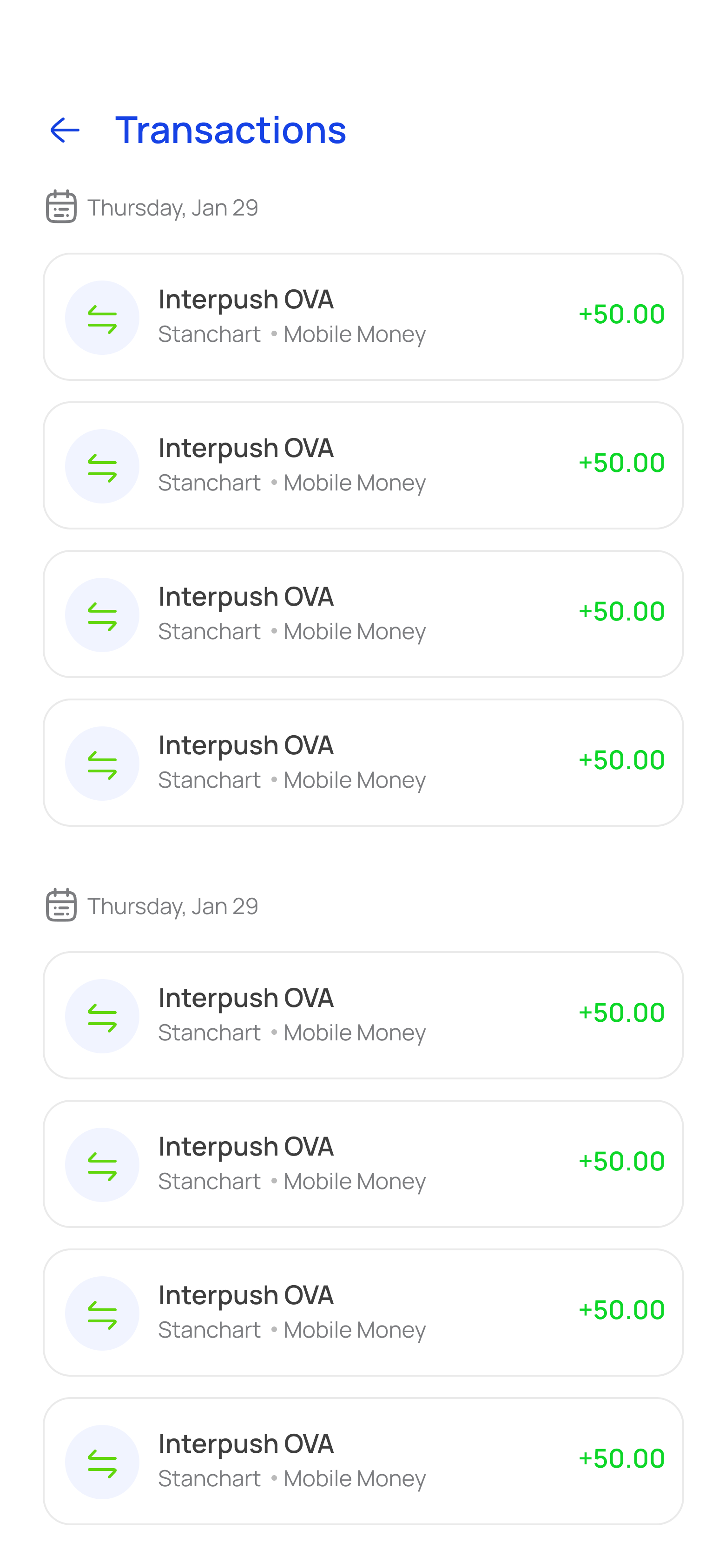 LogIt transactions list grouped by day, populated from parsed MoMo SMS receipts