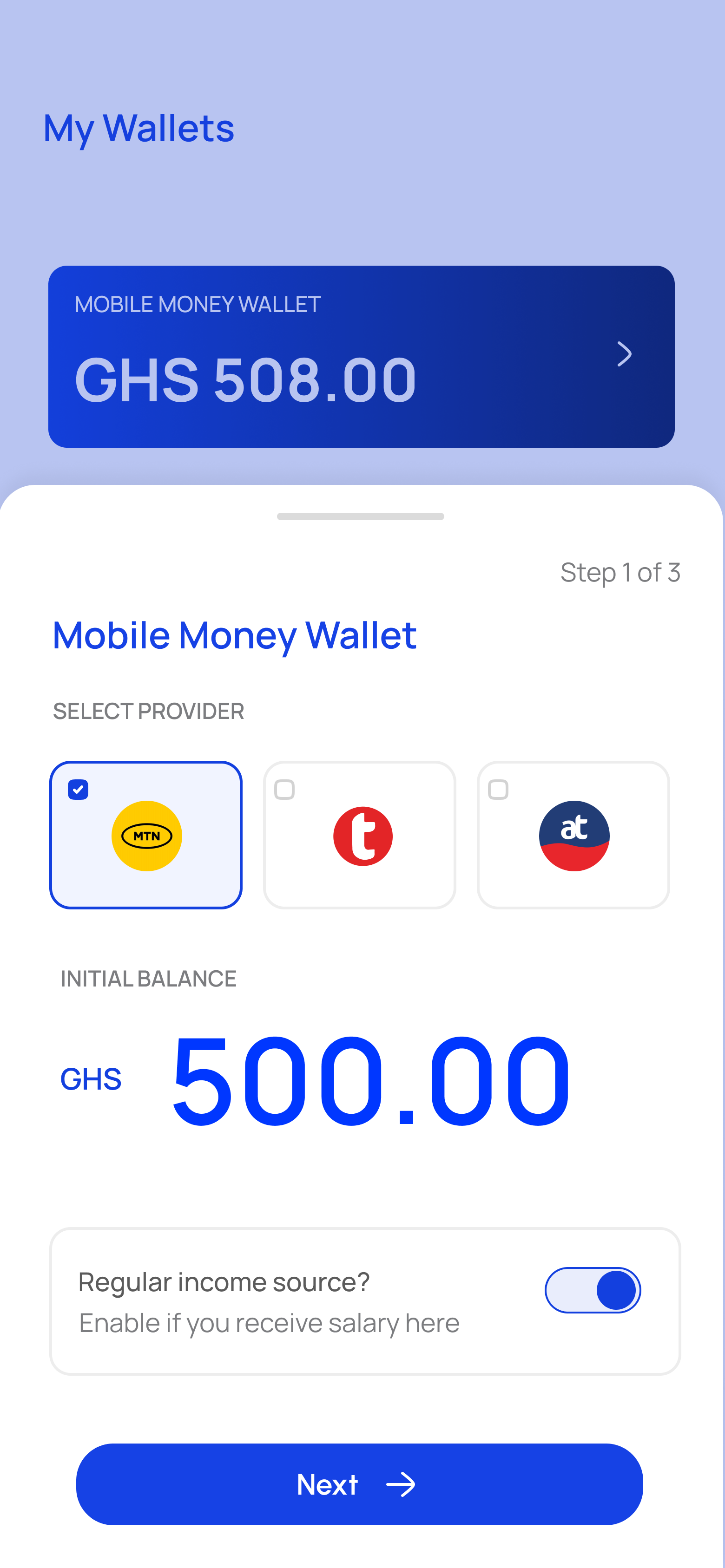 LogIt add-wallet flow with provider selection, initial balance, and regular income toggle