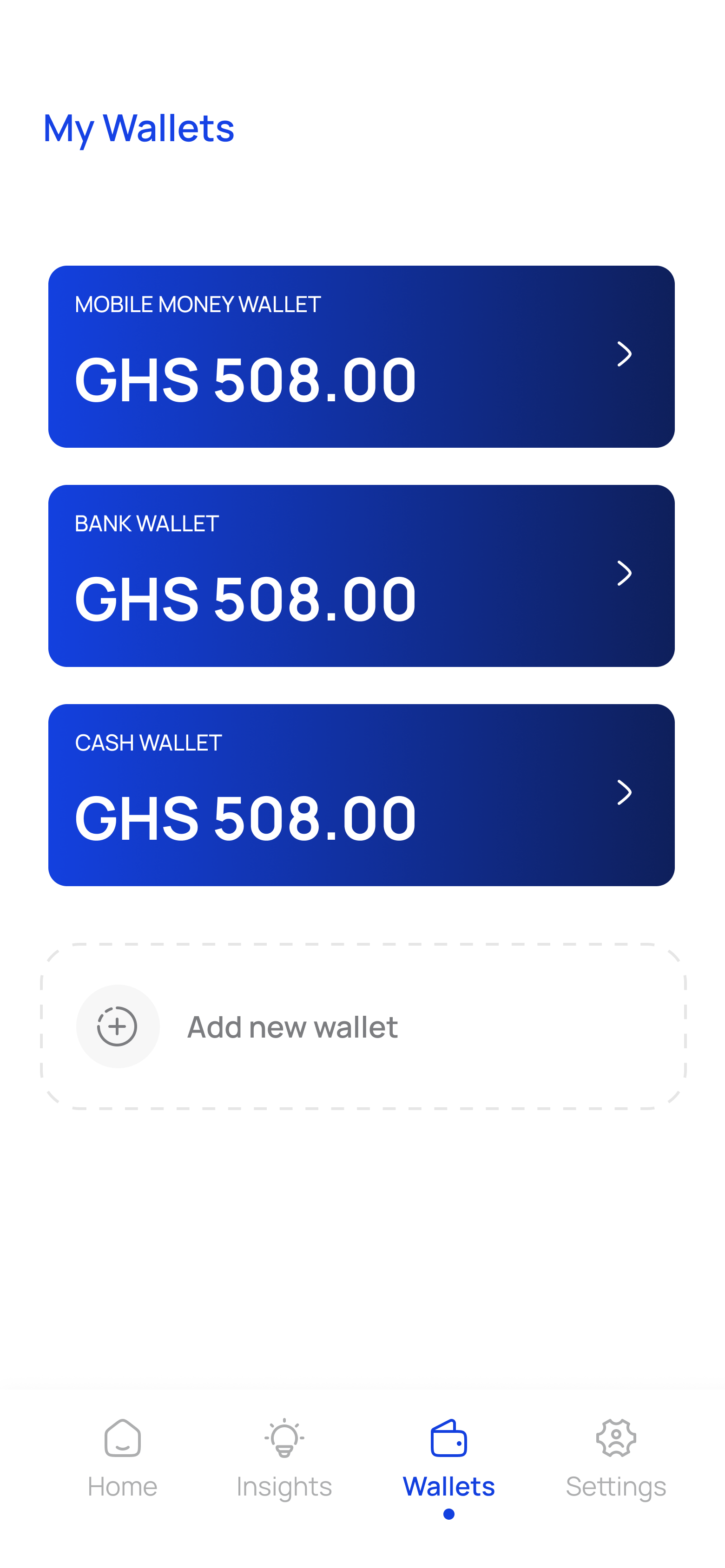 LogIt My Wallets screen listing Mobile Money, bank, and cash wallet balances