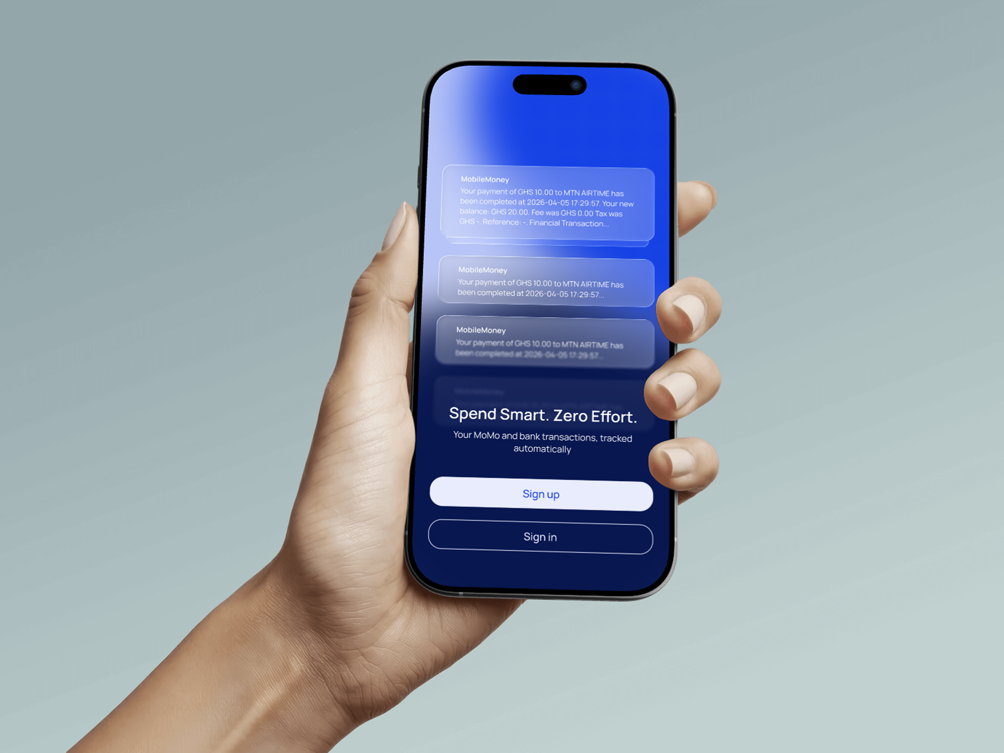 LogIt cover artwork showing the app's automated MoMo transaction dashboard